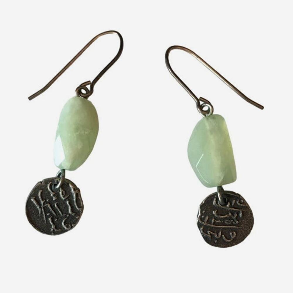 Faux jade lucky coin fish hook earrings